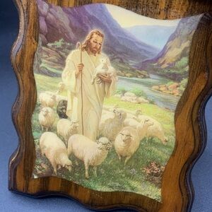 Vintage Framed Jesus The Lord Is My Shepherd Print Wood Frame Scalloped Edge